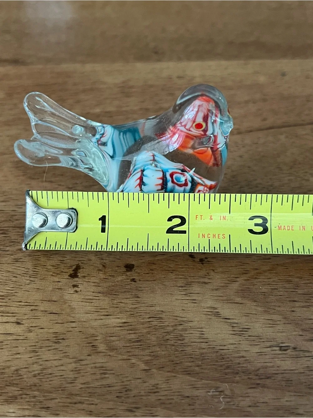 Clear Glass Decorative Bird Figurine with Blue and Red Accents